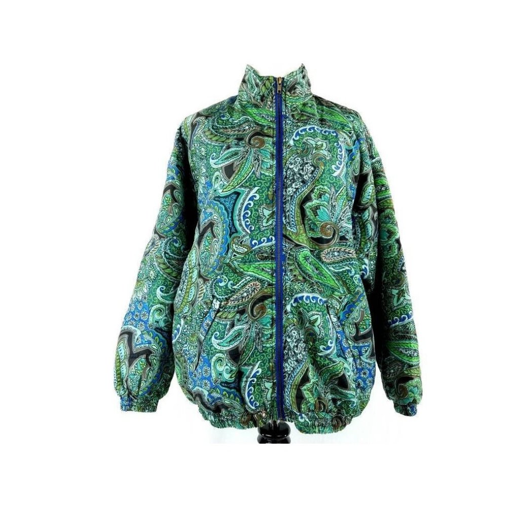 Vintage 80s Green Silk Quilted Paisley Oriental Jacket Womens Small